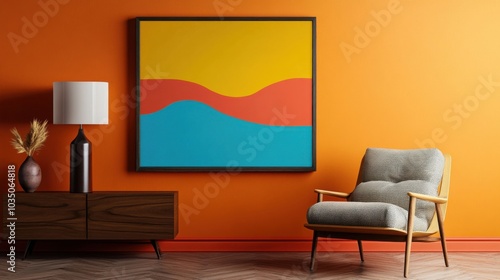 Living room with mid century chair knot cushion and mock up frame colorful and stylish composition