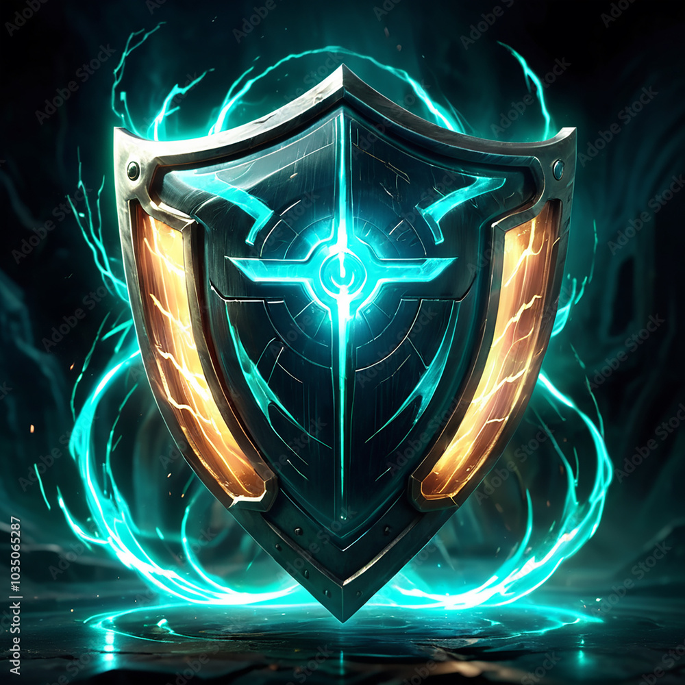 Fototapeta premium A futuristic metal shield with a glowing blue electric aura, featuring intricate designs and a glowing cross at its center, is depicted against a dark background.