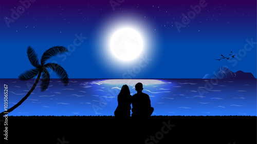 A silhouette of a couple sitting on a beach, gazing at the full moon over the ocean, with palm trees and a small island in the background