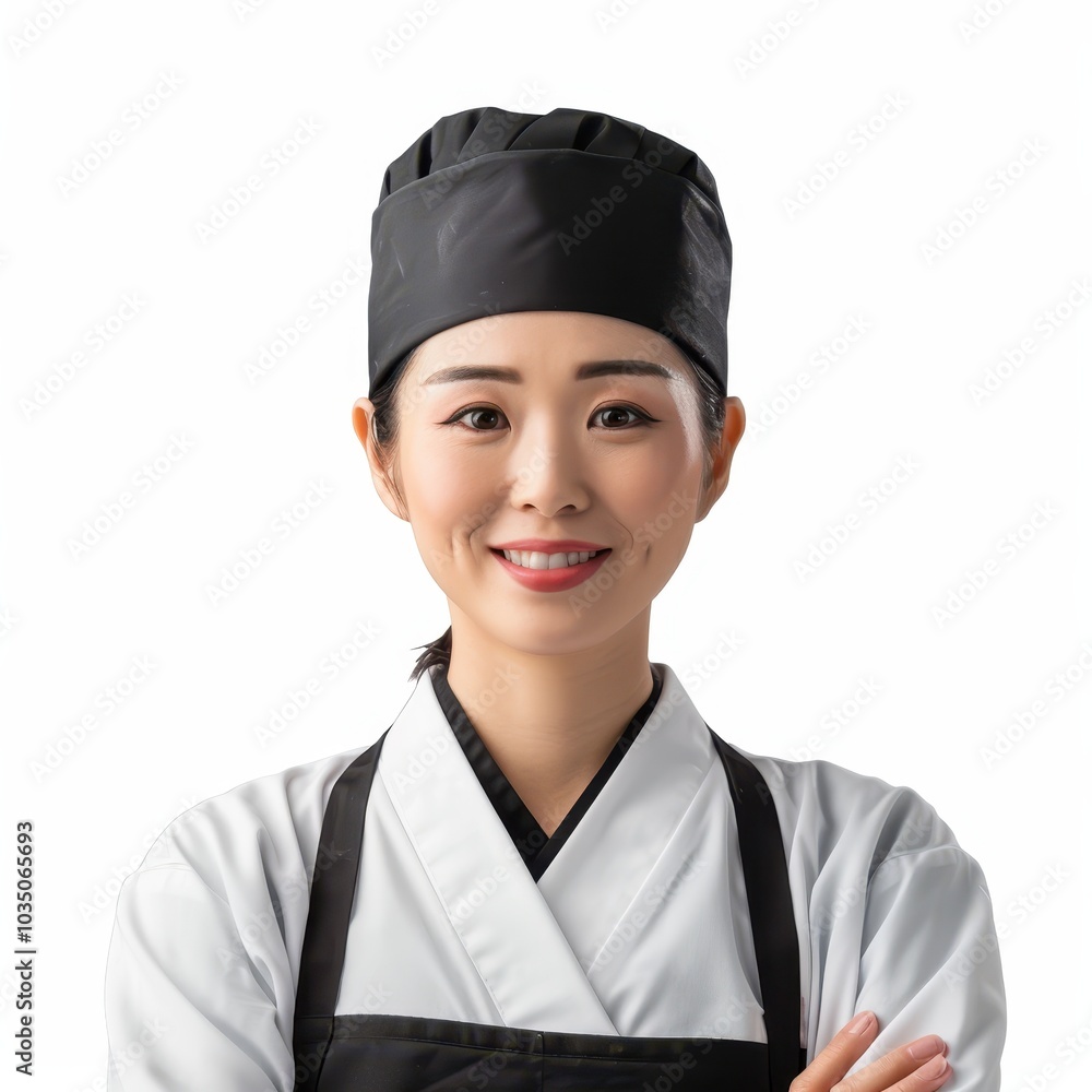 Professional female sushi chef with warm smile in restaurant kitchen attire Professional female sushi chef with warm smile in restaurant kitchen attire