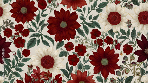 Dynamic seamless floral composition highlighting elaborate blooms in deep red tones ideal for textile designs, wallpaper, or sophisticated background details