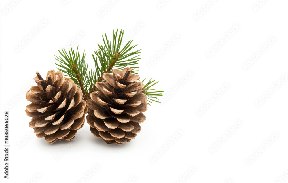 Close-up of two pine cones and a pine branch isolated on a white background, evoking a natural and festive atmosphere. Close-up of two pine cones and a pine branch isolated on a white background, evoking a natural and festive atmosphere.