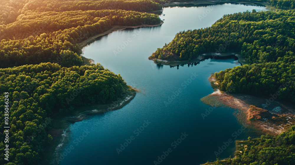An aerial view of a sprawling lake, showcasing its diverse shoreline. An aerial view of a sprawling lake, showcasing its diverse shoreline.