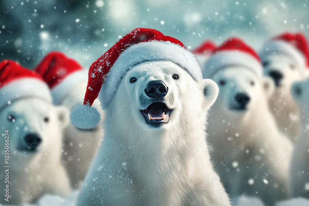 A group of adorable happy polar bears dressed in Santa hats
A group of adorable happy polar bears dressed in Santa hats