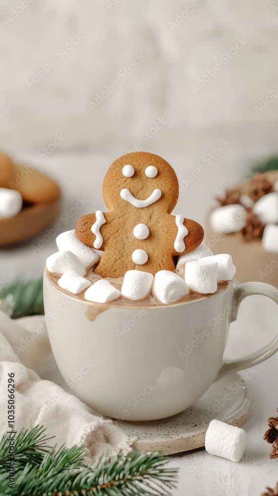 A gingerbread man happily floating in a cozy cup of hot chocolate, surrounded by marshmallows and festive cheer. A gingerbread man happily floating in a cozy cup of hot chocolate, surrounded by marshmallows and festive cheer.