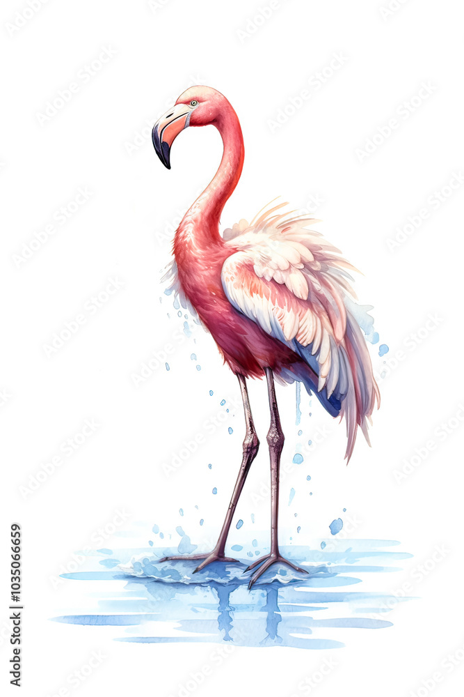 Obraz premium A pink flamingo stands on a wet surface.