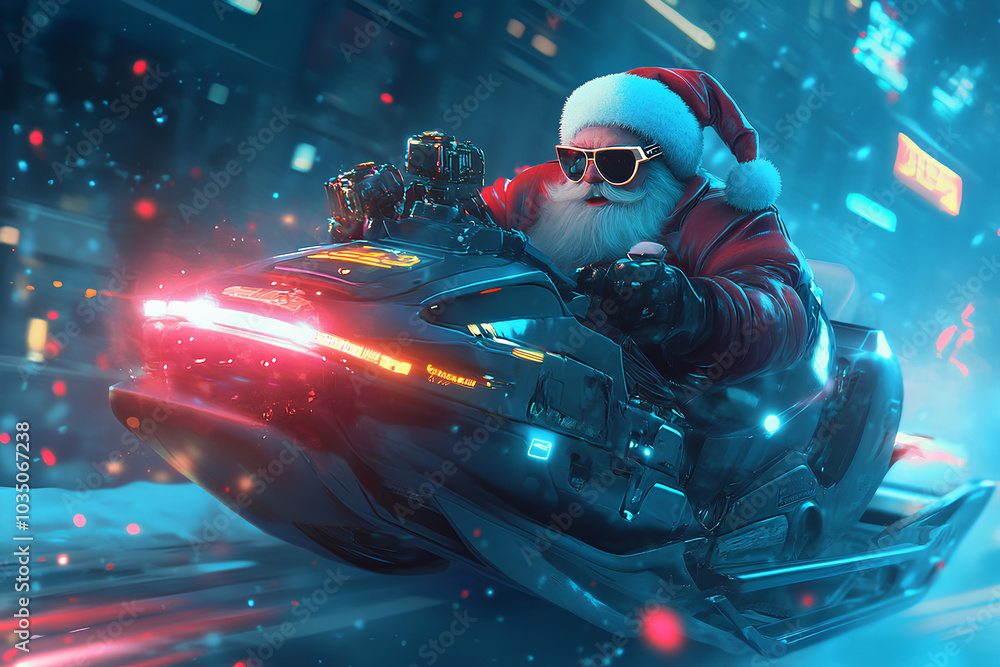 Santa riding a sleek, futuristic sleigh, wearing sunglasses and a snarky grin, with hightech gadgets glowing around him Santa riding a sleek, futuristic sleigh, wearing sunglasses and a snarky grin, with hightech gadgets glowing around him