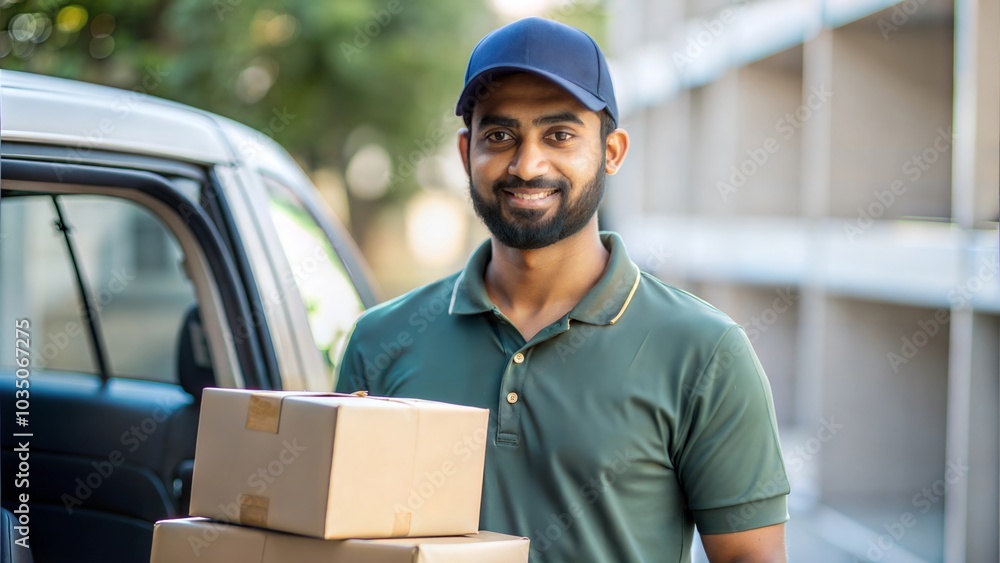 An Indian delivery driver wearing a branded uniform, holding packages.
An Indian delivery driver wearing a branded uniform, holding packages.