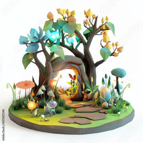 3D Render, Low Poly style of a fairy tale forest set with magical creatures and glowing plants, on isolated white background photo