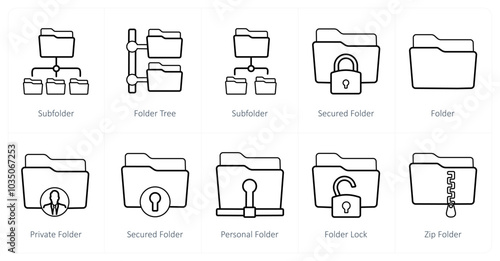 A set of 10 Folder icons as sub folder, folder tree, secured folder