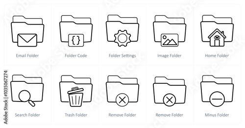 A set of 10 Folder icons as email folder, folder code, folder settings