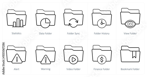 A set of 10 Folder icons as statistics, data folder, folder sync