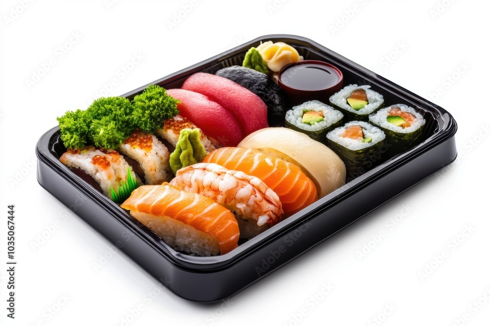 Realistic photo of a bento box filled with sushi, sashimi, and soy sauce, showcasing vibrant colors and textures. Realistic photo of a bento box filled with sushi, sashimi, and soy sauce, showcasing vibrant colors and textures.