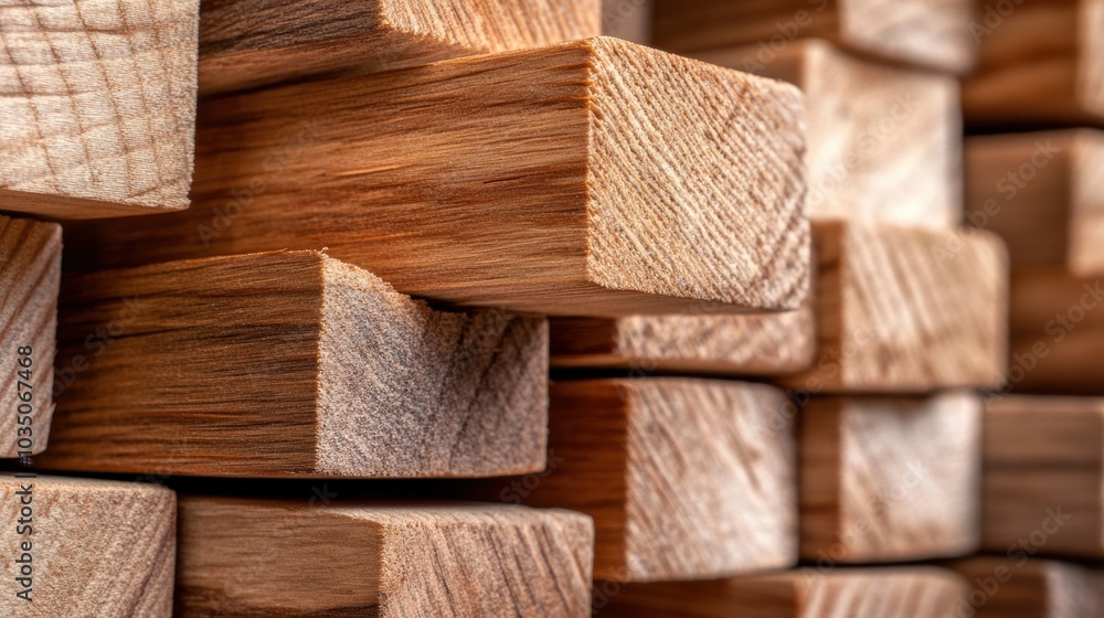 Stacked wooden planks showcase natural grain and texture in a lumberyard, AI Stacked wooden planks showcase natural grain and texture in a lumberyard, AI