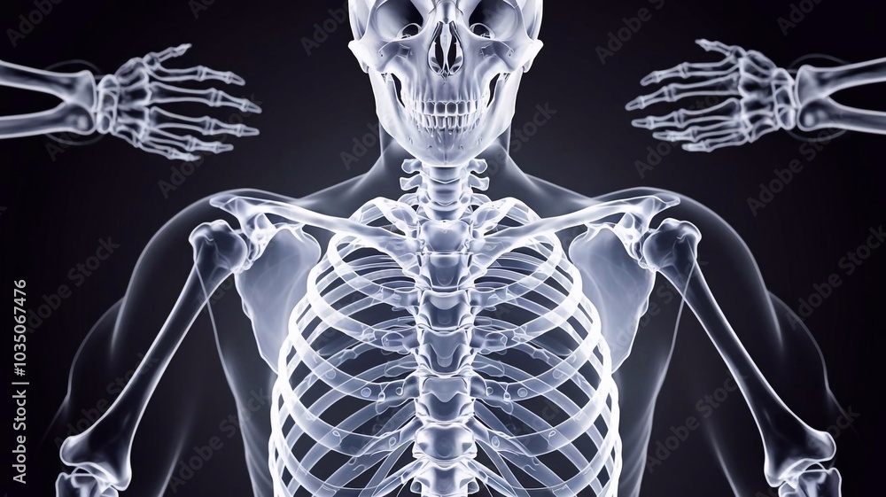 an X-ray illustration of the human skeletal system, showcasing the bones and highlighting any fractures or abnormalities an X-ray illustration of the human skeletal system, showcasing the bones and highlighting any fractures or abnormalities