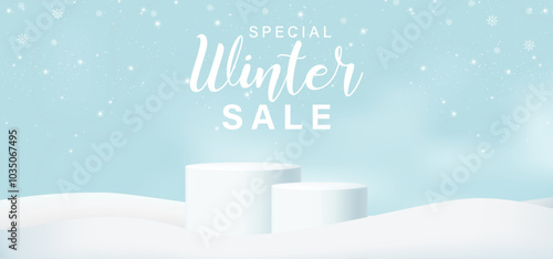 Winter sale 3d with podium for special offer and shop now with snow and ice season with the winter theme.