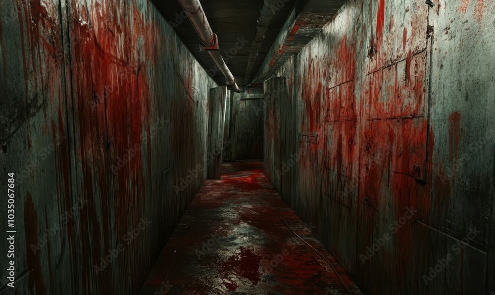 Blood-splattered hallway in a dark building. Blood-splattered hallway in a dark building.