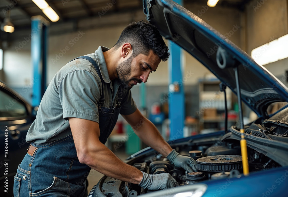 A Focused Latino Mechanic Working on a Car A Focused Latino Mechanic Working on a Car
