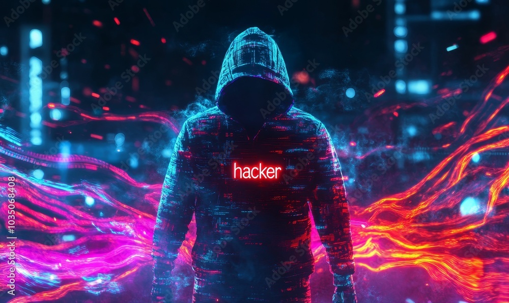 Hooded figure in neon lights, glowing Hooded figure in neon lights, glowing