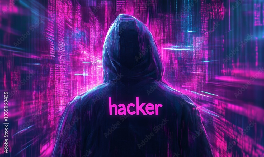 Hooded figure in neon light, labeled 'hacker' Hooded figure in neon light, labeled 'hacker'
