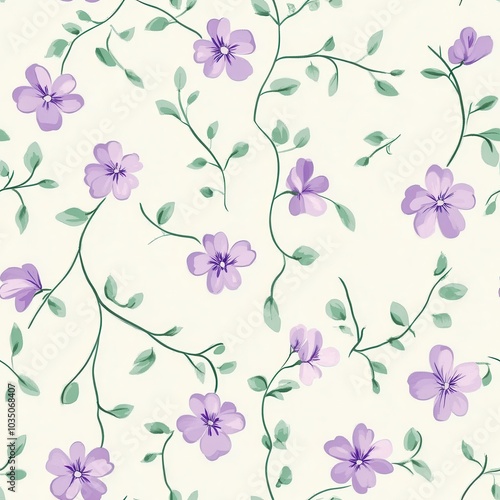 Delicate floral pattern featuring purple flowers and green leaves on a soft cream background, perfect for nature-inspired designs.