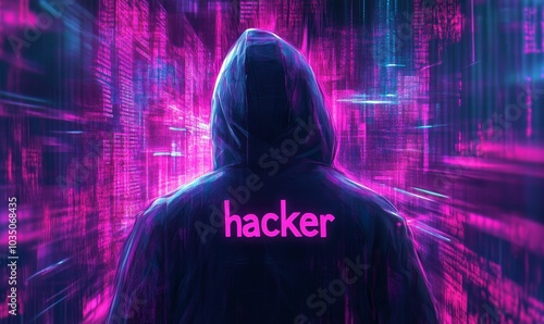 Hooded figure in neon light, labeled 'hacker' photo