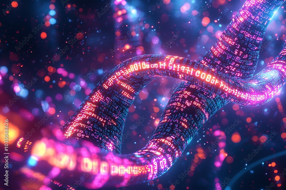 Vibrant abstract digital DNA strand illuminated with glowing lights, symbolizing technology and genetics in a futuristic landscape. Vibrant abstract digital DNA strand illuminated with glowing lights, symbolizing technology and genetics in a futuristic landscape.