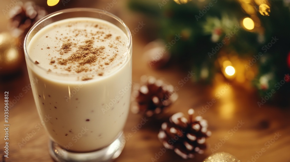 Festive glass of creamy eggnog with spices, surrounded by seasonal decorations Festive glass of creamy eggnog with spices, surrounded by seasonal decorations