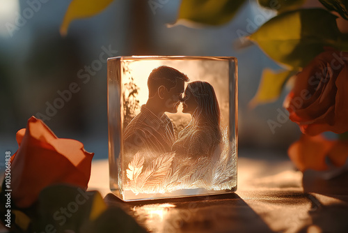 Custom photo crystal with laserengraved picture, sentimental gift, 3D illustration