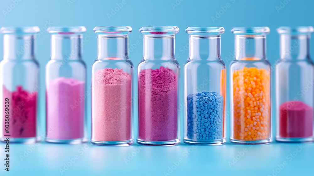 A collection of glass vials filled with vibrant colored powders sits neatly in a row, showcasing a variety of hues in a clean laboratory environment A collection of glass vials filled with vibrant colored powders sits neatly in a row, showcasing a variety of hues in a clean laboratory environment