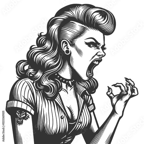 woman with a bold hairstyle, screaming with a fierce expression, intense emotion and punk attitude in vintage style sketch engraving generative ai vector illustration. Black and white image.