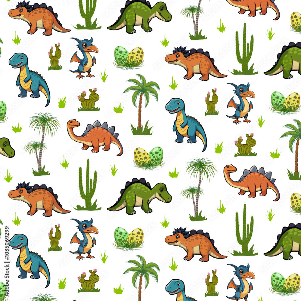 Obraz premium Pattern with dinosaurs and palm trees.Vector seamless pattern with animals, palm trees and cacti on transparent background.