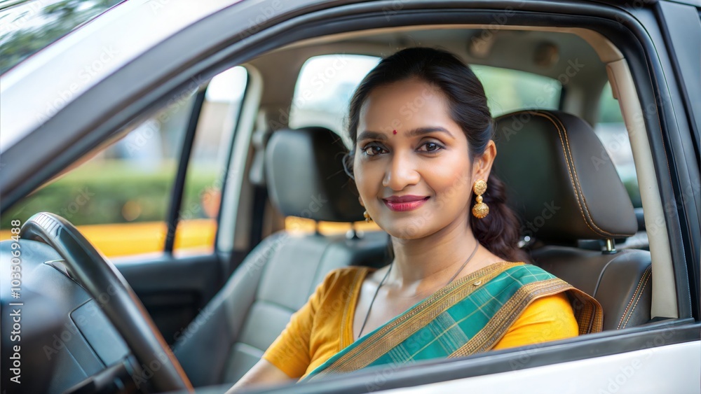A confident Indian woman driving a taxi, representing diversity.
A confident Indian woman driving a taxi, representing diversity.