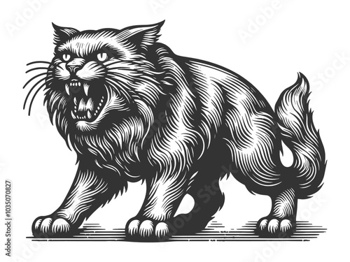 roaring cat with sharp teeth and detailed fur, showcasing its fierce expression sketch engraving generative ai vector illustration. Scratch board imitation. Black and white image.