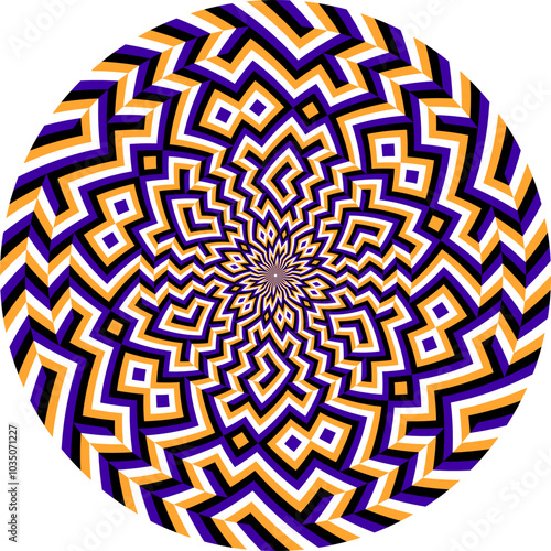 Patterned circle with optical illusion of moving ethnic ornament. Circular template for background design.
