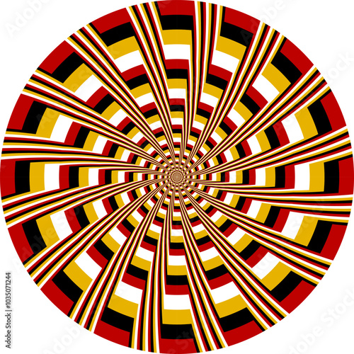 Patterned circle with optical illusion of moving color stripes. Circular template for background design.