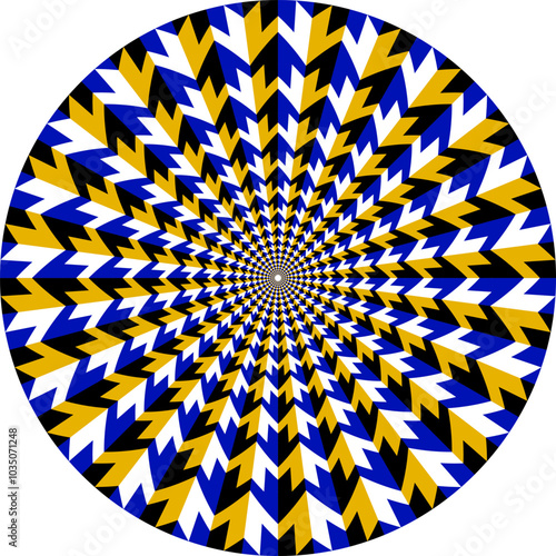 Patterned circle with optical illusion of moving color arrows or M letters. Circular template for background design.