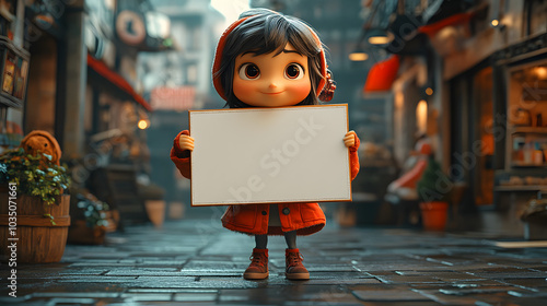 3D Avatar of a Woman Holding a Large White Blank Sign in Both Hands. The Avatar Features a Minimalistic Style, Ready for Custom Text or Design, Making It Suitable for Advertising, Marketing, or Announ photo