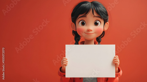 3D Avatar of a Woman Holding a Large White Blank Sign in Both Hands. The Avatar Features a Minimalistic Style, Ready for Custom Text or Design, Making It Suitable for Advertising, Marketing, or Announ photo