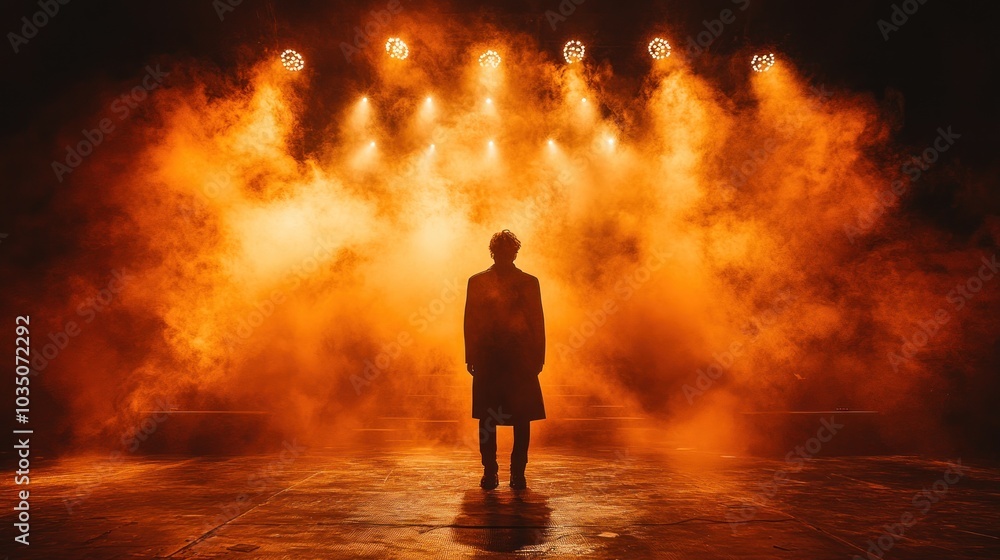 A silhouette of a person against dramatic orange stage lighting. A silhouette of a person against dramatic orange stage lighting.