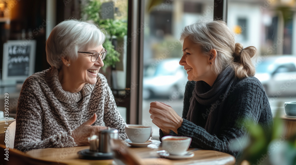 Two women happily chatting in a cozy cafe over coffee, creating a warm atmosphere of friendship and connection Two women happily chatting in a cozy cafe over coffee, creating a warm atmosphere of friendship and connection
