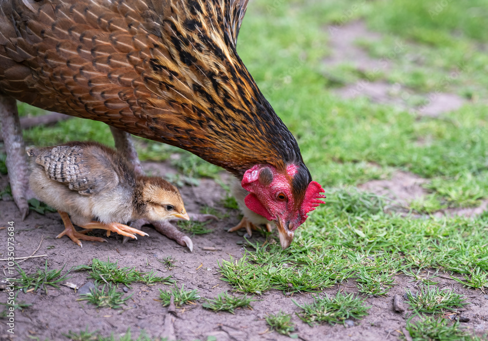 Chick following mother hen to feed on grassroots. Bay of Islands.