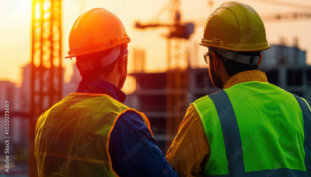 Workers observe construction site progress at sunset, highlighting teamwork and safety in the building industry. Workers observe construction site progress at sunset, highlighting teamwork and safety in the building industry.
