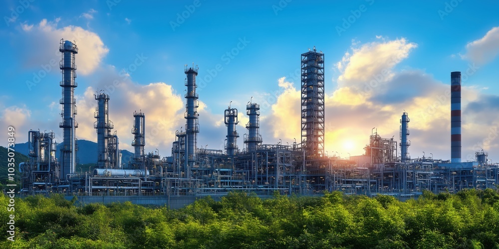 Obraz premium Industrial Oil and Gas Production at Sunset