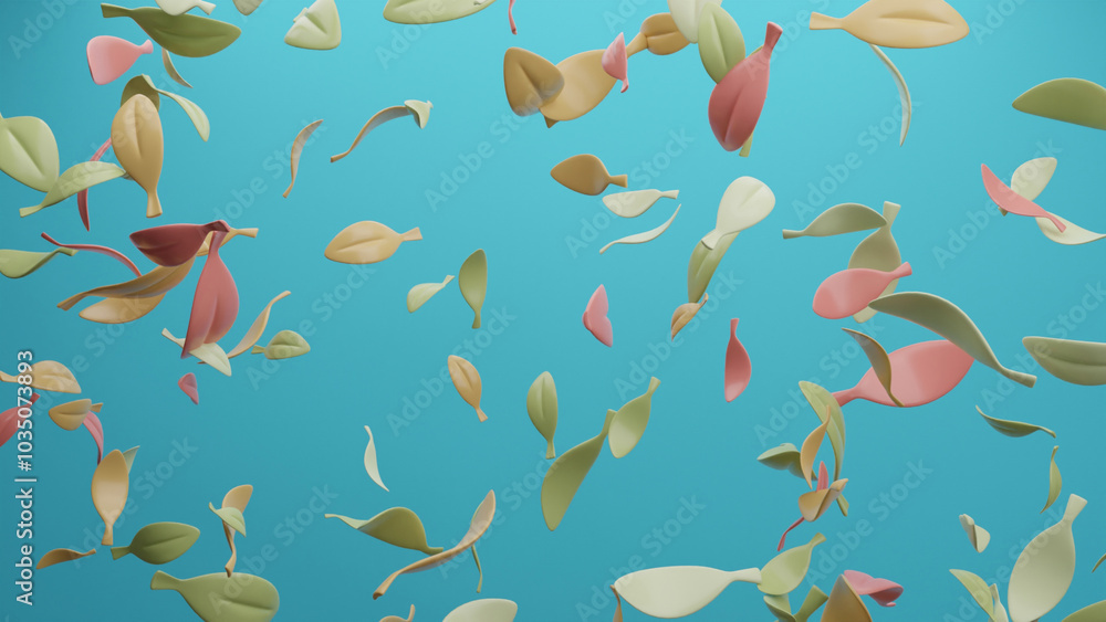 Autumn falling leaves. Flying foliage from tree on blue background. 3D rendering illustration. Autumn falling leaves. Flying foliage from tree on blue background. 3D rendering illustration.