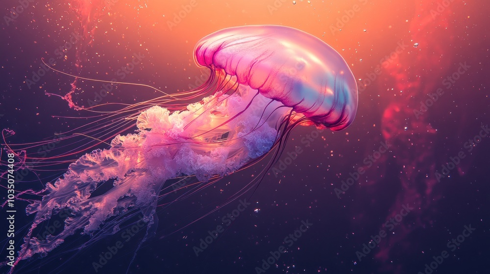 A vibrant jellyfish gracefully floating in a colorful underwater scene. A vibrant jellyfish gracefully floating in a colorful underwater scene.