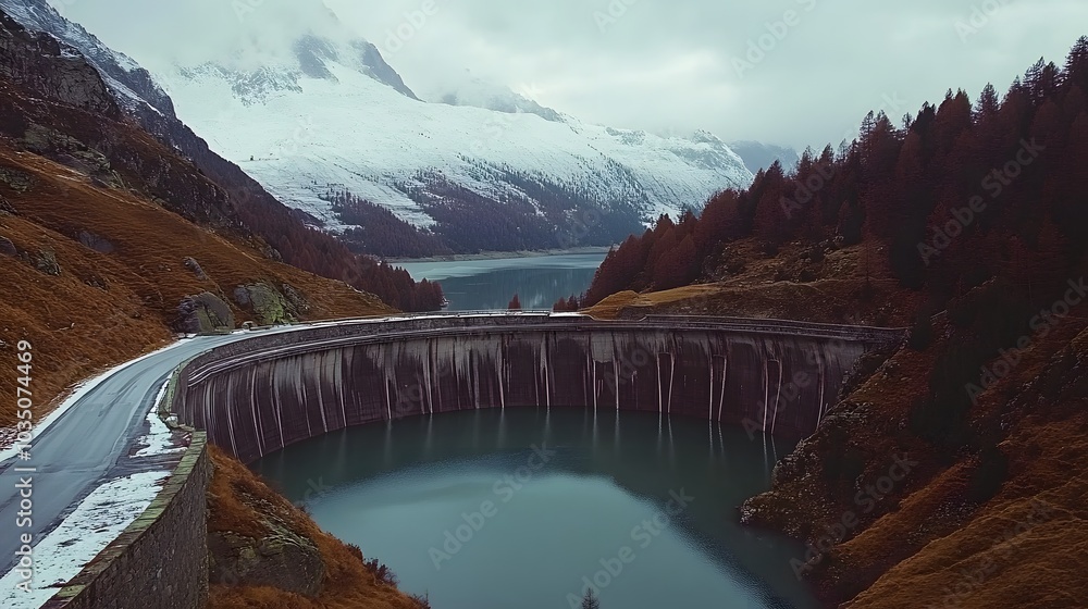Photo of a dam in the Alps with a lake behind, snow on the mountains Photo of a dam in the Alps with a lake behind, snow on the mountains