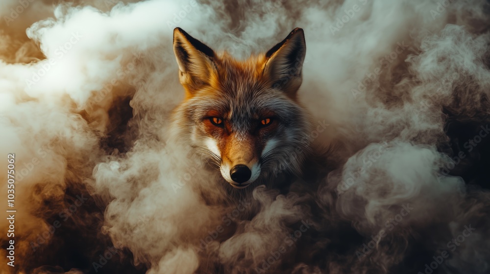 Obraz premium A striking fox emerges from swirling clouds, exuding an enigmatic allure.