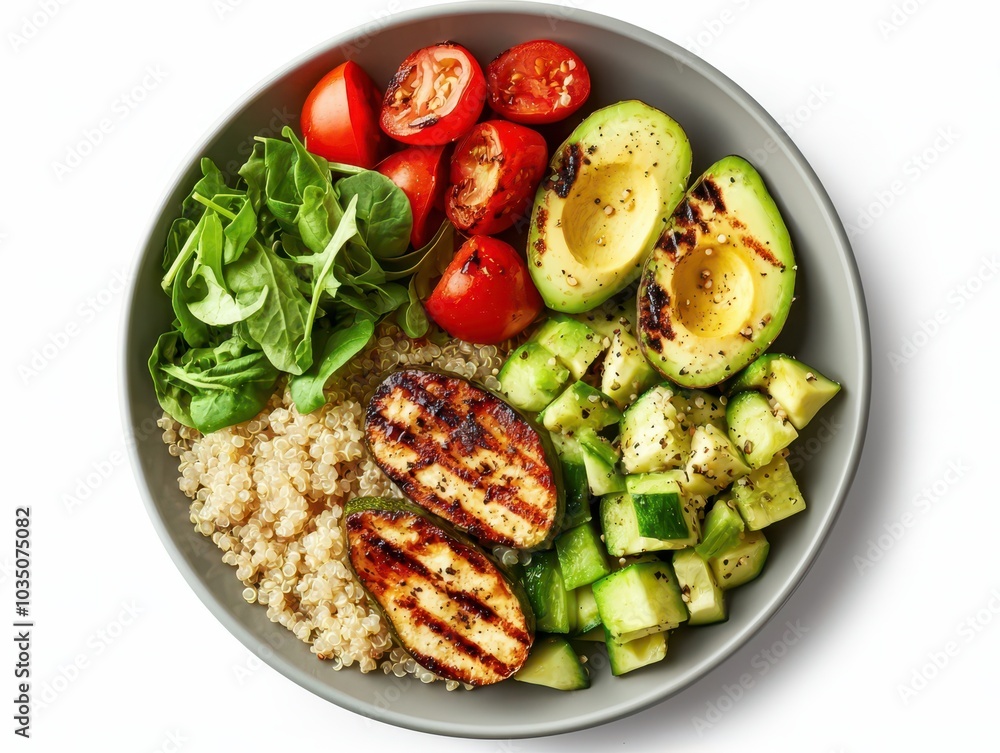 Balanced meal featuring grilled vegetables, quinoa, and avocado on a minimalist plate for a healthy lifestyle. Balanced meal featuring grilled vegetables, quinoa, and avocado on a minimalist plate for a healthy lifestyle.