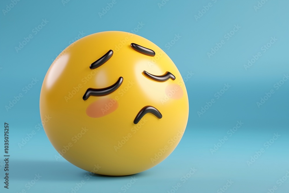 Fototapeta premium A sad yellow emoji ball with downturned eyes sits against a blue background, conveying feelings of disappointment or sorrow.